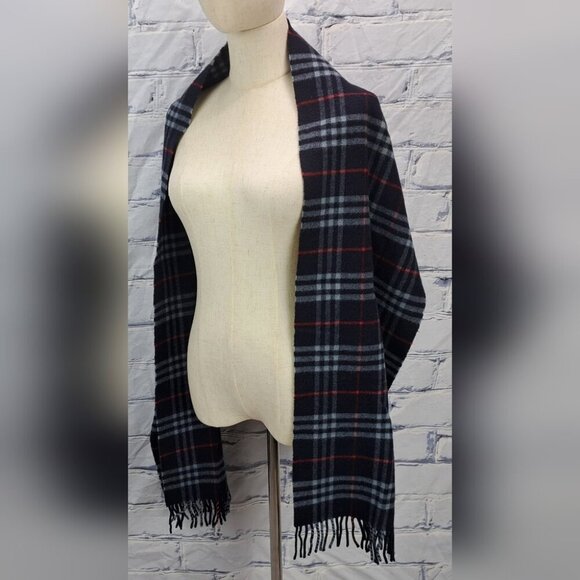 Burberry Vintage Scarf Nova Check 100% Cashmere Wool Scotland Navy Y2K 72" x 12" - Picture 1 of 13